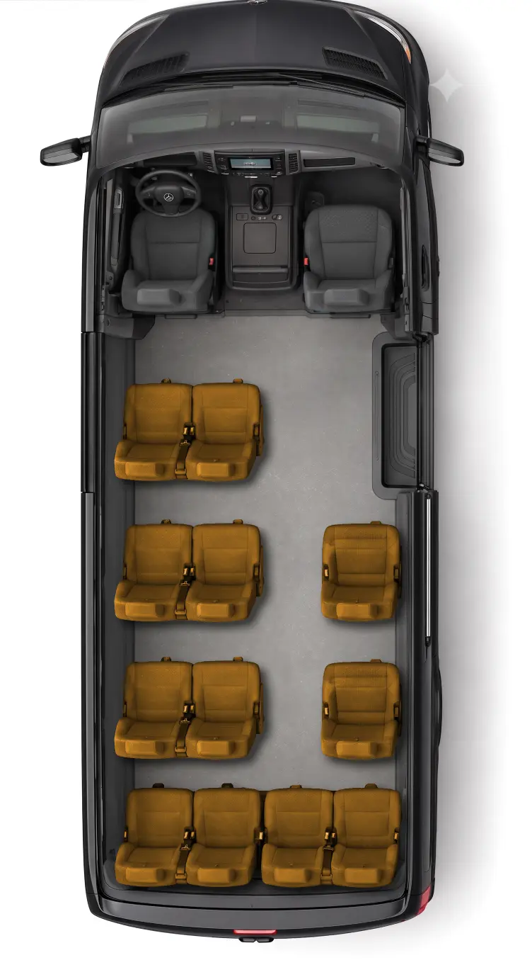 Diagrama de asientos Sprinter Ejecutiva — vista aérea con 20 pasajeros